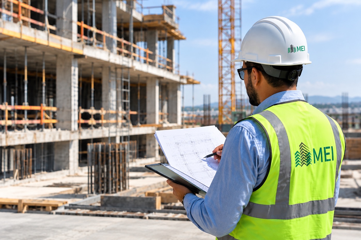 MEI inspector reviewing structural drawings against a concrete building under construction