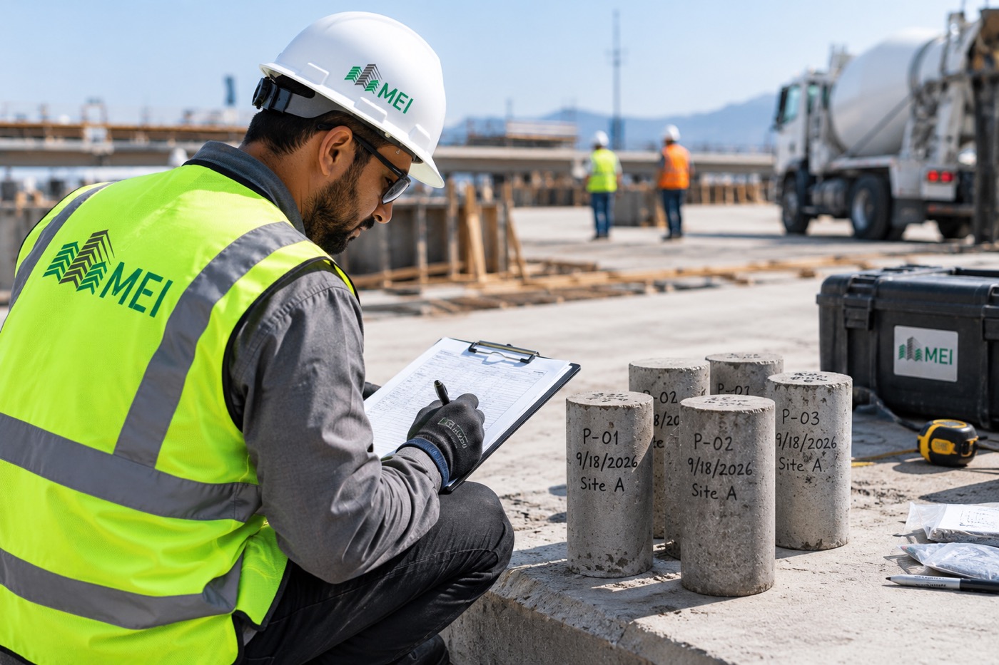 MEI technician logging labeled concrete cylinder specimens on a clipboard at the jobsite