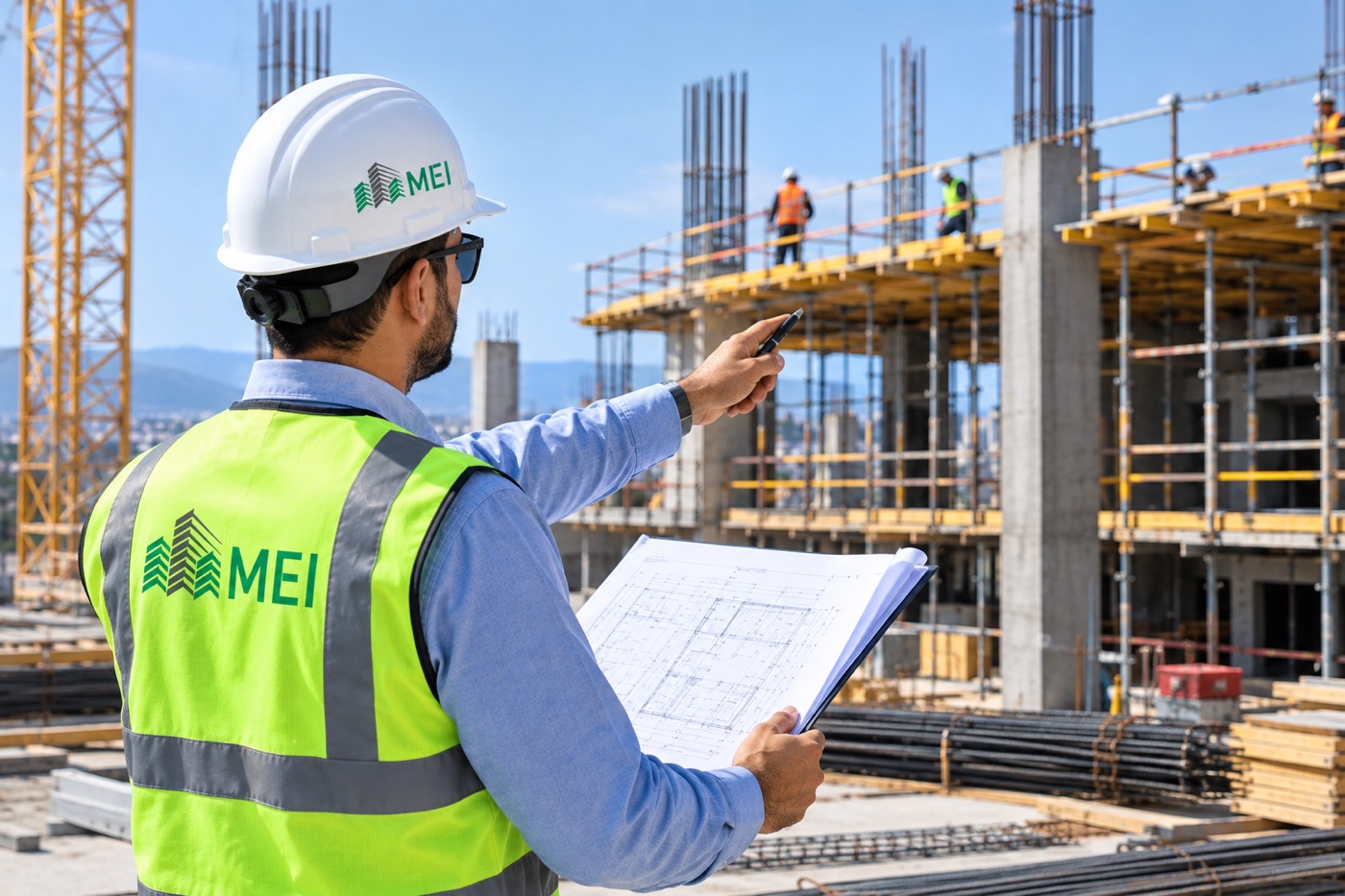 MEI inspector pointing out structural work to the crew, plans in hand, at a concrete-frame building under construction