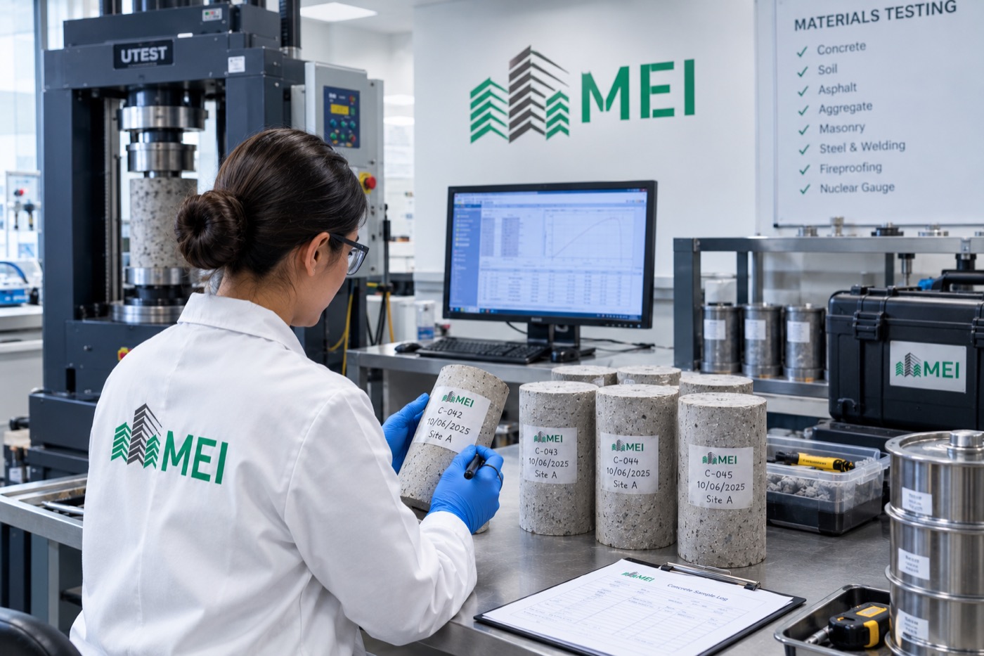 Concrete test cylinders and core samples in the laboratory