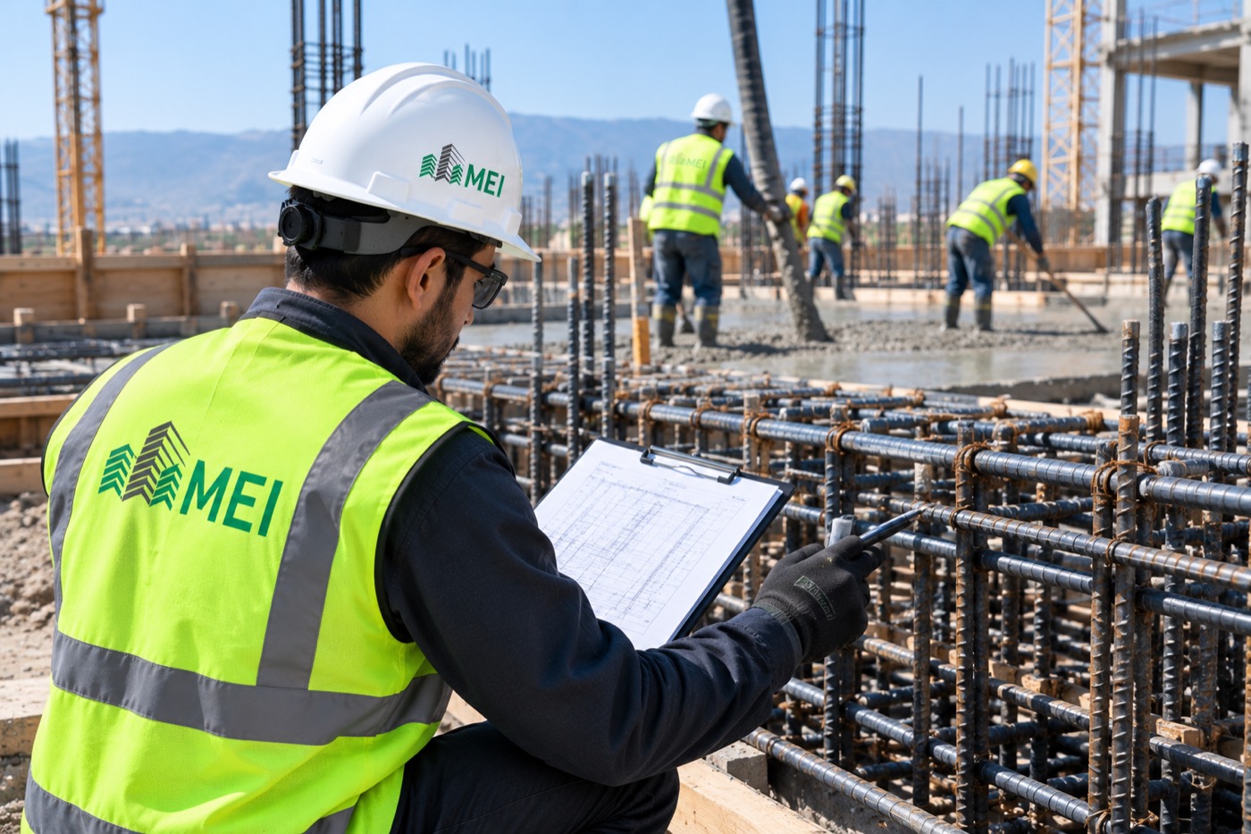 Inspector reviewing reinforcing steel at a foundation pour